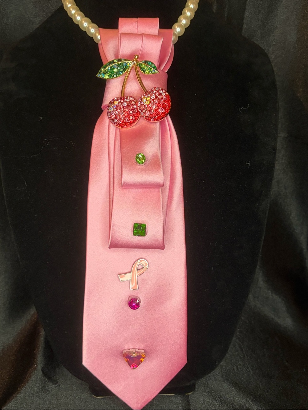 Pink Satin Cherry Brooch Tie Pendant Necklace